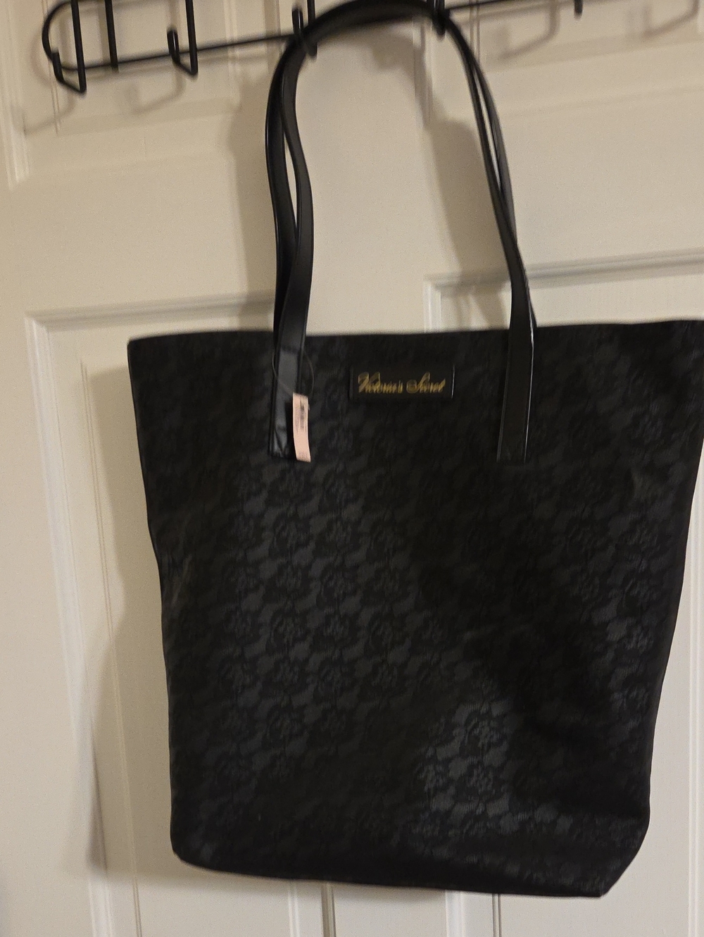 NWT Victoria's Secret Black Floral Lace Overlay Tote Bag - Pink Lining